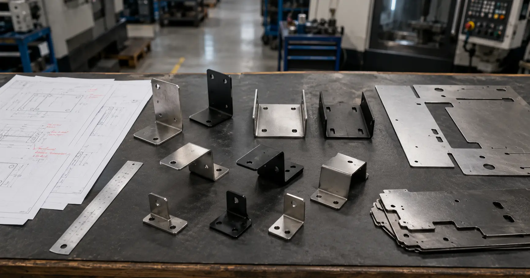 Sheet metal brackets in various shapes displayed alongside engineering drawings on an industrial workbench