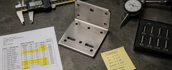Sheet metal bracket on inspection workbench surrounded by calipers, gauges, and a dimensional report