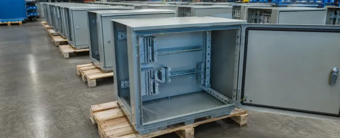Metal enclosure production line with stacked sheet metal cabinets in a factory setting