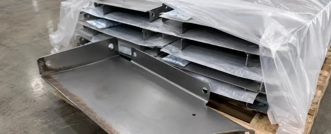 Bare steel sheet metal parts wrapped in VCI film with desiccant packs on a warehouse pallet