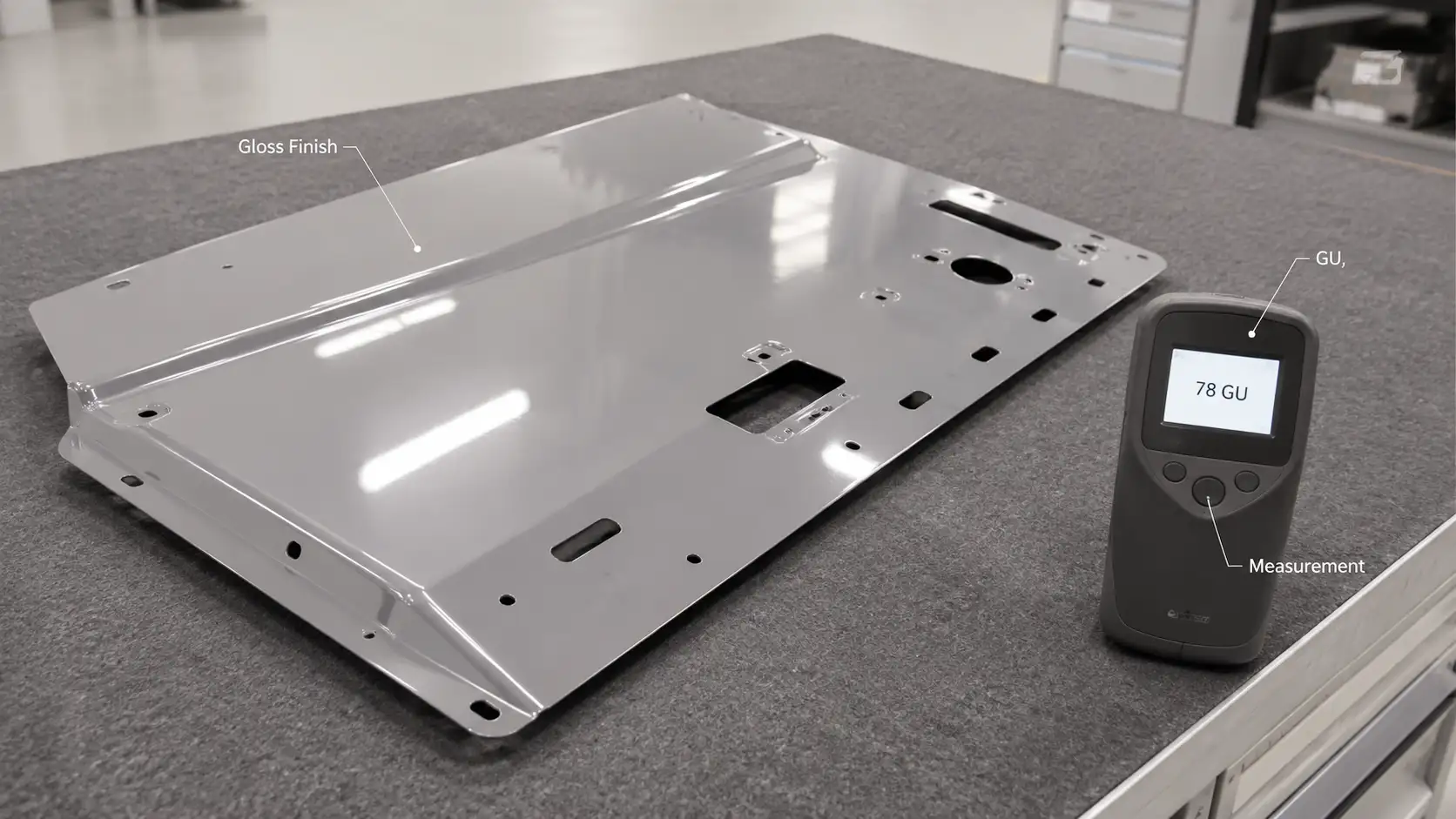 Gloss finish on sheet metal with gloss meter and reflected light