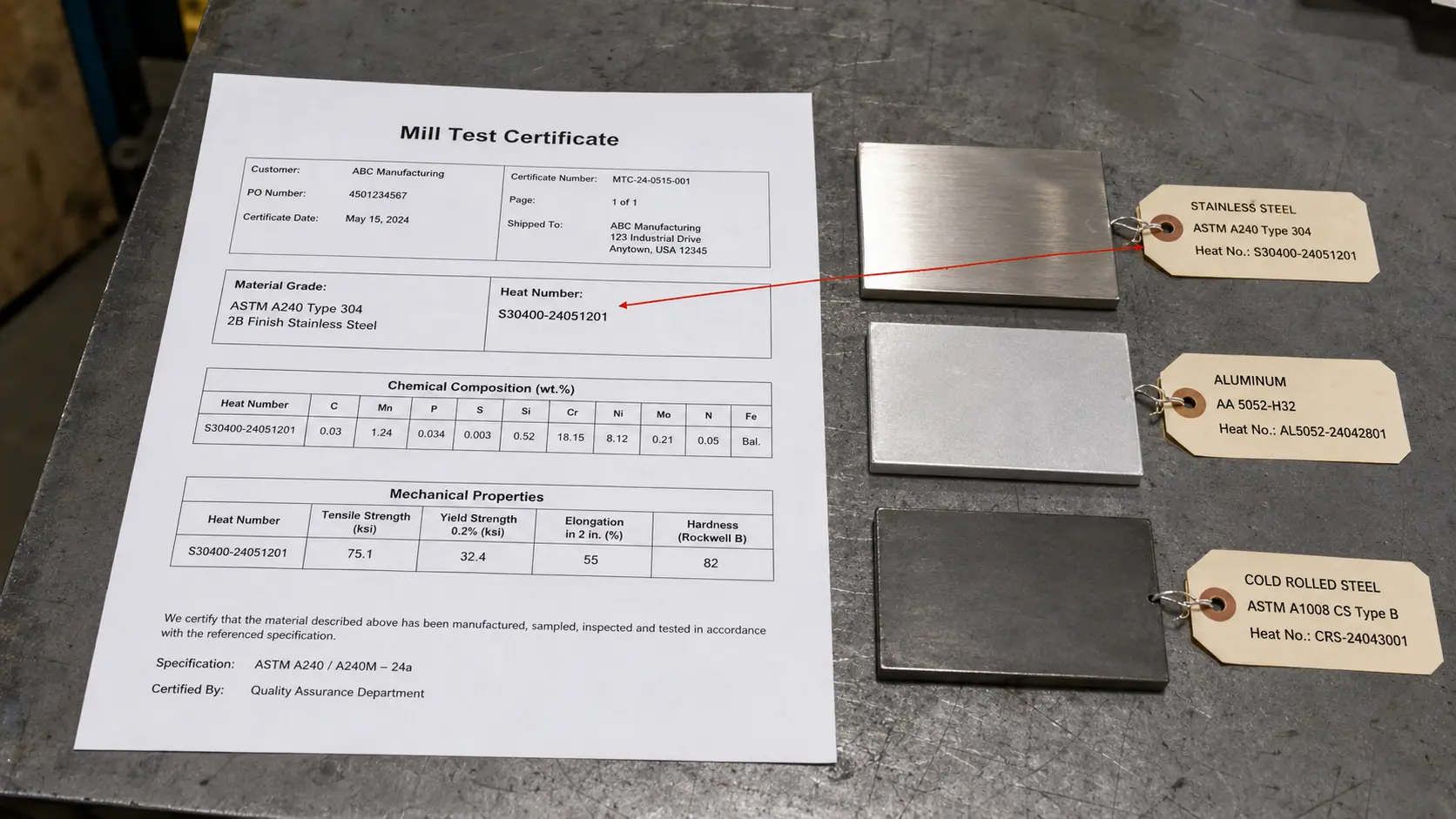 Mill certificate and sheet metal material traceability documentation