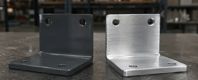 Powder coated and anodized aluminum sheet metal brackets side by side on a workshop bench