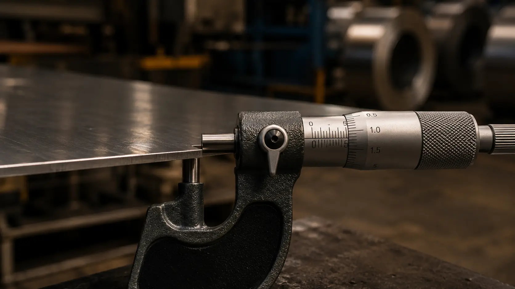 Close-up of a micrometer measuring cold-rolled steel sheet thickness