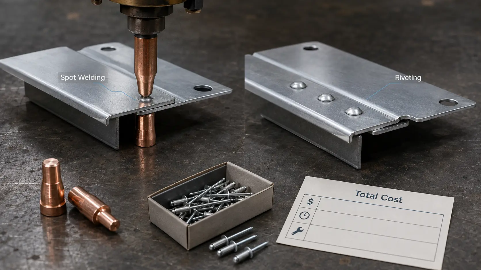 Spot welding and riveting comparison for sheet metal part cost evaluation