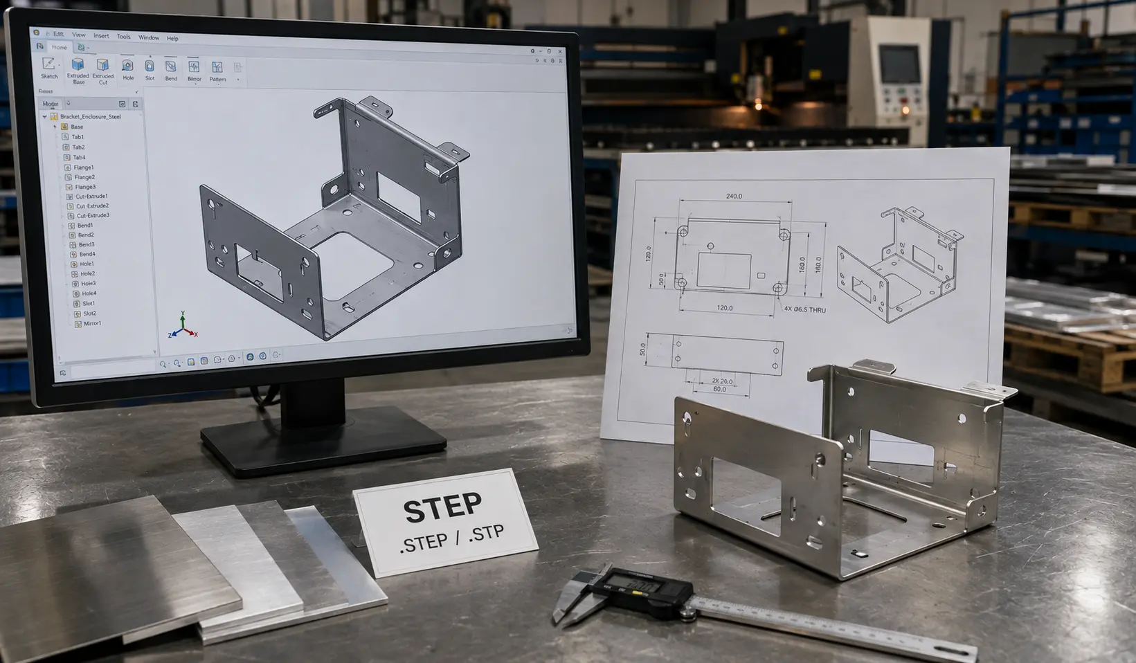 3D CADモデルと加工済み金属部品を含む板金製造用STEPファイル