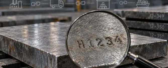 ヒート番号H1234が刻印された鋼板と、トレーサビリティに焦点を当てた拡大鏡