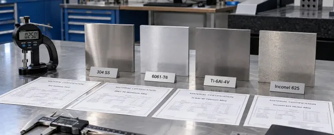 異なるグレード、板厚、認証書類を備えた板金材料サンプルを作業台に展示
